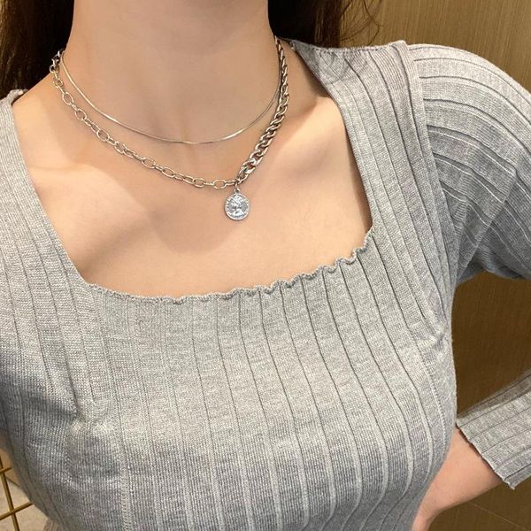 

pendant necklaces fashion double necklace personality creative alloy metal choker splicing beauty collarbone chain female jewelry gift, Silver