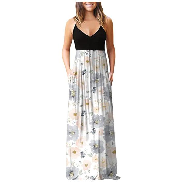 

casual dresses women summer dress sleeveless pocket boho long floral print beach maxi loose sundress female party, Black;gray