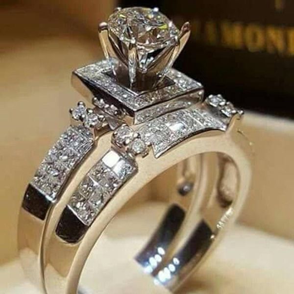 

luxury crystal zircon ring set white round stone double rings for women wedding jewelry vintage fashion silver color sets, Slivery;golden