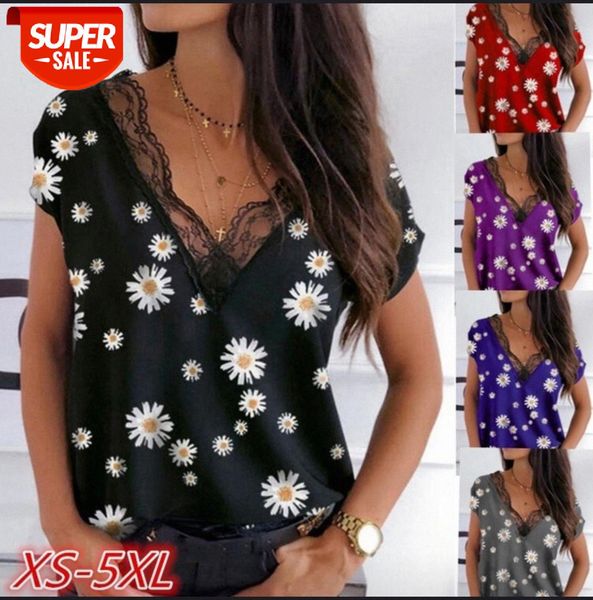 

[in stock]european and american plus size women's lace v-neck daisy print short-sleeved t-shirt #pe4j, White