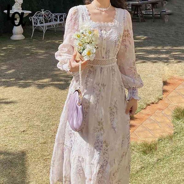 

evening party floral dress women lantern sleeve midi elegant vintage female sweet summer 210510, Black;gray