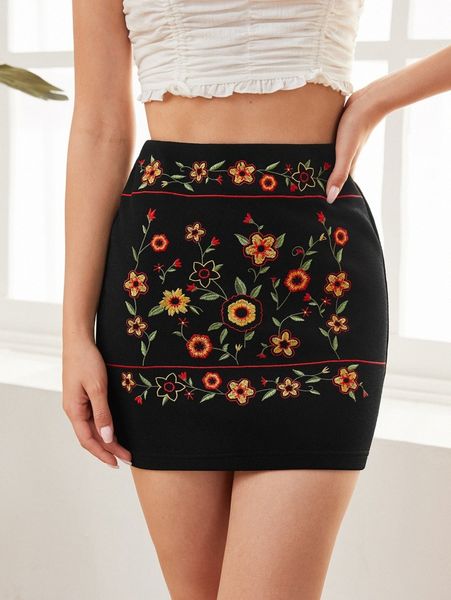 

floral embroidery skirt m50e#, Black