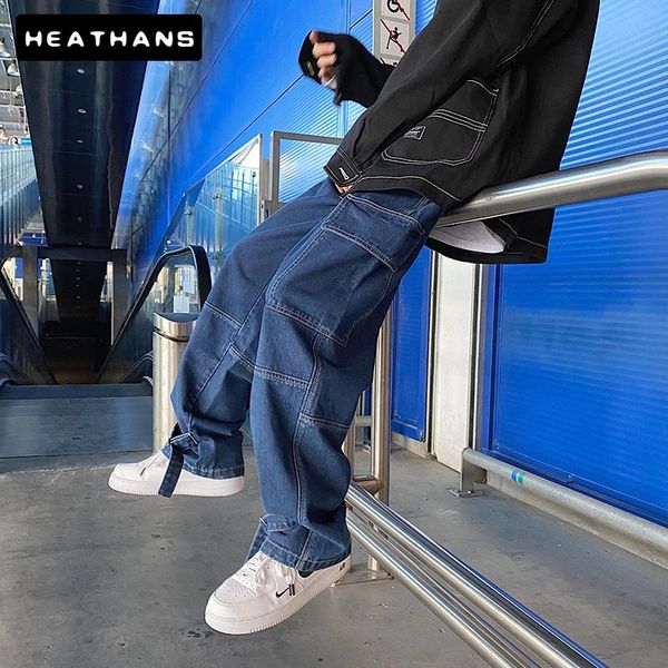 

men's wide leg jeans 2021 spring autumn hip hop streetwear korean style vintage loose straight male denim pants size s-5xl, Blue