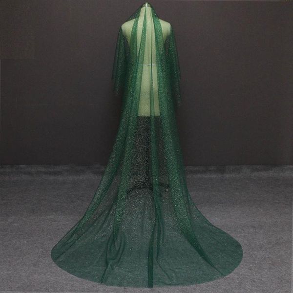

bridal veils shining long green wedding veil with gold dust glitters one layer 3 meters cathedral without comb voile mariage, Black