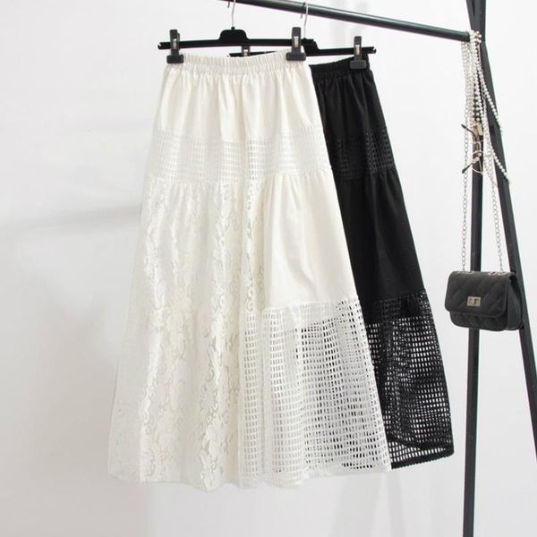 

arrival spring lace patchwork hollow out a-line maxi long skirts white black cotton