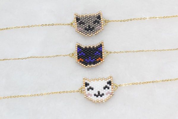 

glass rice beads smiling face cat bracelet link, chain, Black
