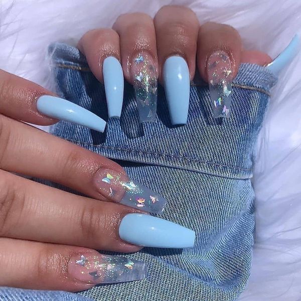 

glossy laser blue ombre nails gradient extra long square coffin press on fake nail butterfly glitter sequins art acrylic ballerina naill, Red;gold