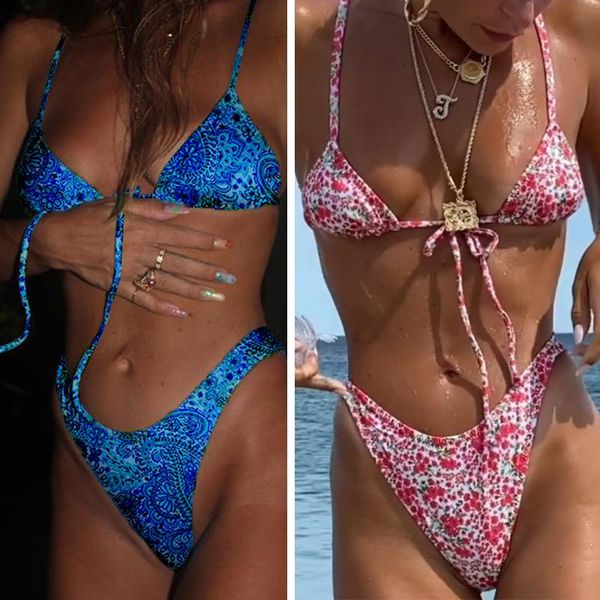 

women's swimwear floral print bikini women drawstring swimsuit high cut set bathing suit waist beach bikinis 2021, White;black