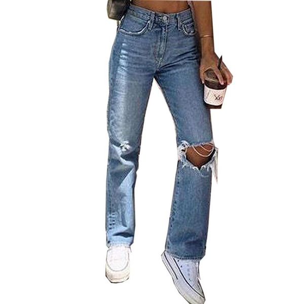 

women's jeans high waist for women blue straight ripped pants full length hole mom wide leg loose streetwear trousers 6292