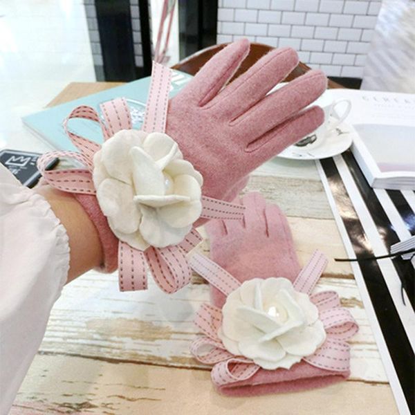 

sports gloves myalice luxury winter women glove big pearl flowers decorate split finger plus velvet warm hand outdoor travel customize, Black