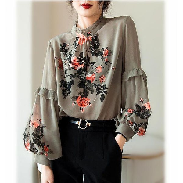 

women's blouses & shirts women vintage retro floral printed lantern sleeve woman pullovers elegant office ladies sy102, White