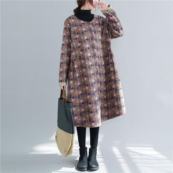 

women's trench coats johnature 2021 thicken warm vintage print winter clothes women coat casual o-neck single-breasted loose 3 colors, Tan;black