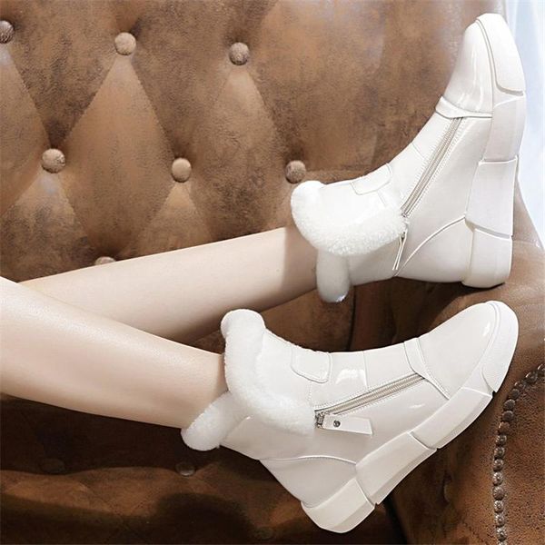 

boots fashion winter warm snow concise patent leather wool lining platform shoes leisure cotton high heels zapatos de mujer, Black