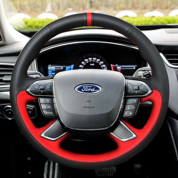 

diy custom leather hand-sewn car steering wheel cover for ford focus new mondeo escort kuga fiesta car interior accessories