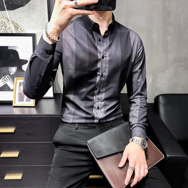

men's shirt style youth striped long-sleeved trend casual business gentleman inch shirts, White;black