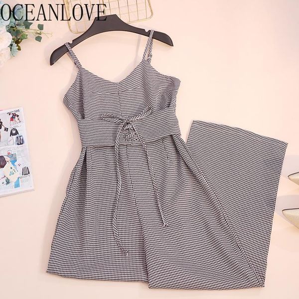 

women's jumpsuits & rompers oceanlove plaid women spring summer 2021 high waist fashion bodysuits ol elegant korean wide leg ropa mujer, Black;white