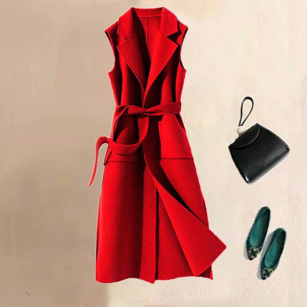 

women's vests autumn long wool vest women sleeveless jacket korean woolen waistcoat fashion female slim pockets with belt outerwea, Black;white