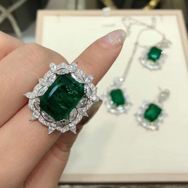 

cluster rings end brand 100% real s925 sterling silver finger large emerald fine jewelry accessories women, Golden;silver