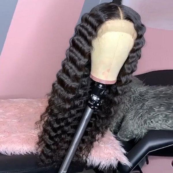 

long remy deep curly brazilian human hair lace closure wigs 30inch pre plucked wave 4x4 wig, Black;brown