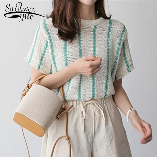 

summer new round neck striped women shirt all-match fashion simple slim-fit knitted short sleeve blouse women 8789 50 210417, White