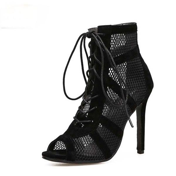 

sandals ranmo 2021 fashion black summer lace up cross-tied peep toe high heel ankle strap net surface hollow out