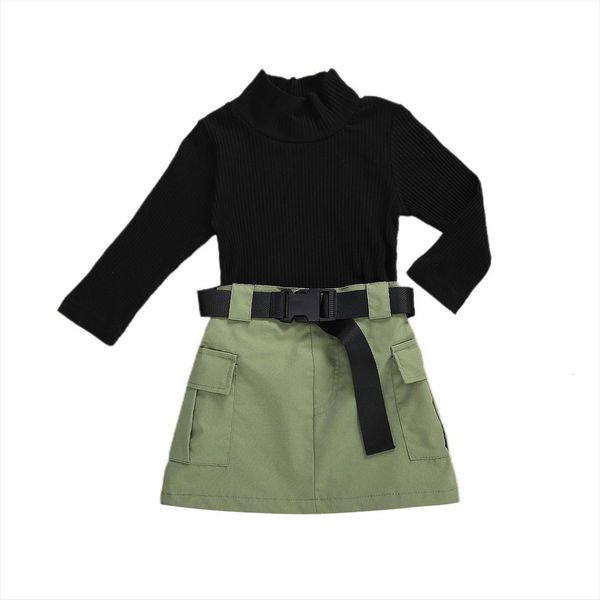 

1 6y autumn fashion girls clothes sets knit long sleeve black sweater army green skirts belt, White