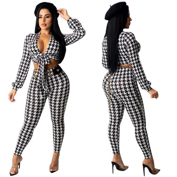 

women's two piece pants cutubly 2 sets long sleeve bird lattice pencil and v neck bandage shirt suits girls pant women set outfits, White