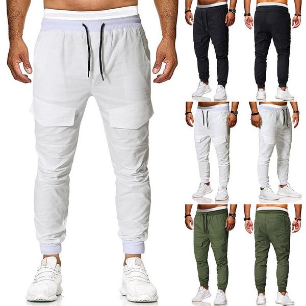 

men's pants men hip hop joggers male trousers mens solid sweatpants tether belt pocket, Black