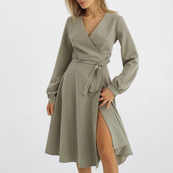 

casual dresses fashion spring green v neck women elegant collected waisted mid calf dress side split long sleeve ladies 1bbz, Black;gray