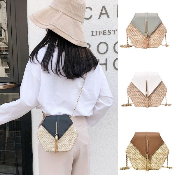 

hexagon mulit style straw+leather handbag women summer rattan bag handmade woven beach circle bohemia shoulder fashion cosmetic bags & cases