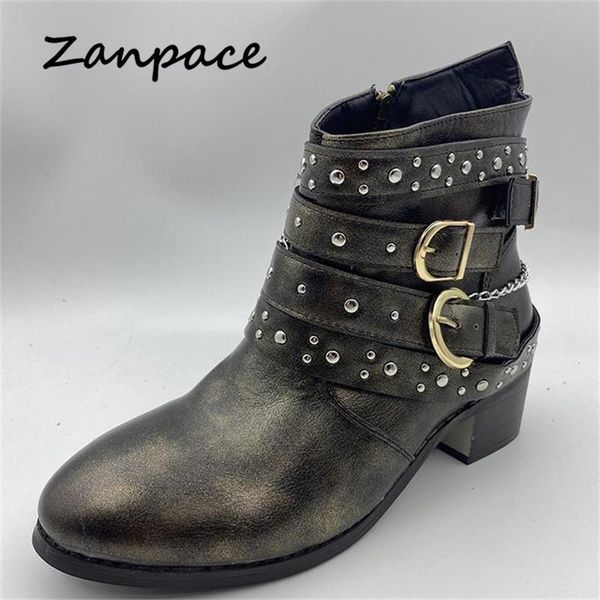 

boots zanpace autumn large size women 2021 winter buckle rivet women's ankle pointed thick high heel short shoes, Black