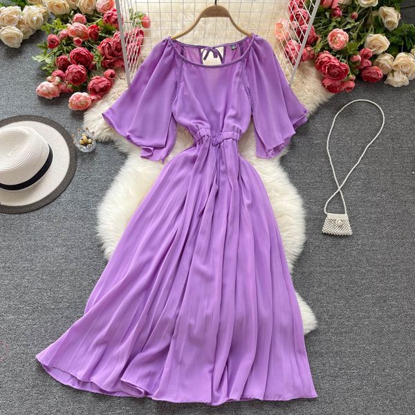 

french vestidos female summer dress round neck trumpet sleeve temperament slim pleated chiffon midi gk797 210506, Black;gray