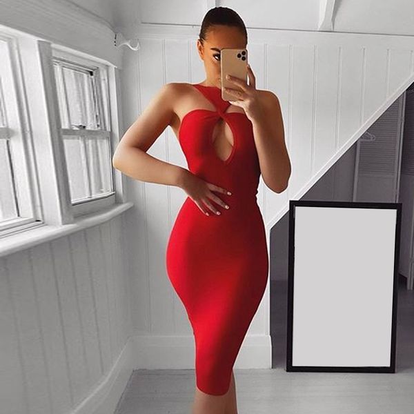 

arrival women red sleeveless halter bodycon bandage dress hollow out midi club celebrity runway party 210423, Black;gray