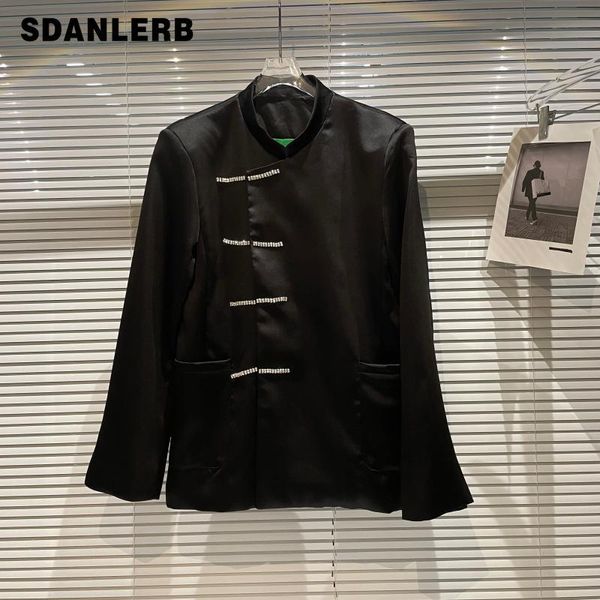

women's suits & blazers 2021 autumn black jacket rhinestone ornament beveled buckle stand collar retro mercerized business suit coat fo, White;black