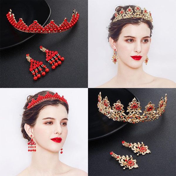

hair clips & barrettes retro style bridal headwear gold red pearl crown earrings wedding bride crowns diadem jewelry set tiaras, Golden;silver