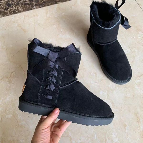 

boots genuine leather snow women winter warm fur shoes bandage bow casual female ankle for, Black