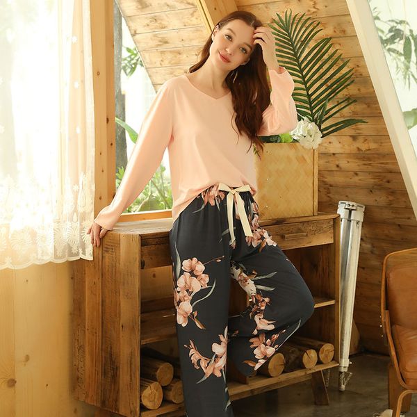 

women's sleepwear autumn new ladies pajamas set solid color pants women loose viscose floral printed simple style 2pcs homewea, Black;red