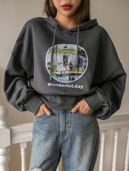 

dazy scenery & letter graphic drop shoulder drawstring hoodie 6806#, White;black