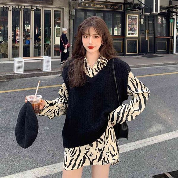 

sets outfits black knitting womens tracksuits v neck warm vest and leopard fashion leisure shirts korean style design baggy 2, Gray