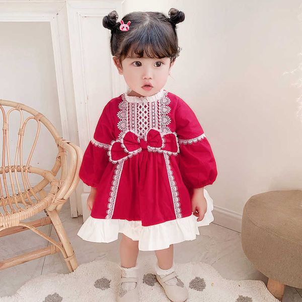 Meninas bebê lolita vestido vermelho para aniversário criança rendas babados com arcos adorável crianças vestido de festa 210529