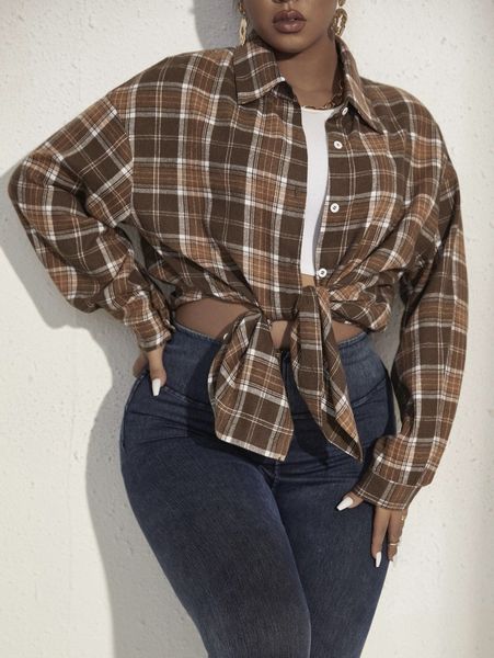 

plus plaid drop shoulder blouse p5re#, Black