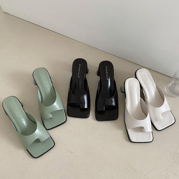 

slippers 2021 woman fiop flop square heels sandals shoes ladies heel sliders female fashion high, Black