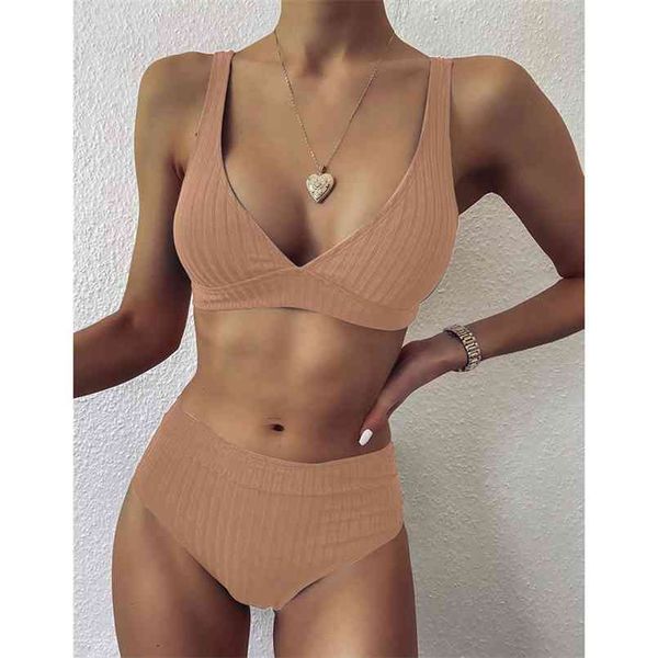 Cintura alta biquíni sólido swimwear swimwear mulheres s work set plus tamanho maiô push up beach wear 210722