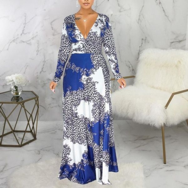 

casual dresses women printed v neck long sleeve pleated slit floral evening party elegant dress summer fall 2021 vestidos, Black;gray