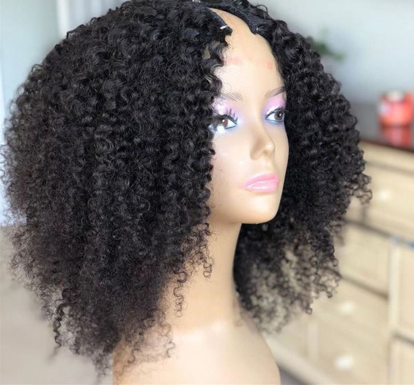 

afro kinky curly u part wig human hair wigs brazilian virgin v upart 4b 4c clip ins coily hair 2x4" ushape glueless for black woman 150, Black;brown