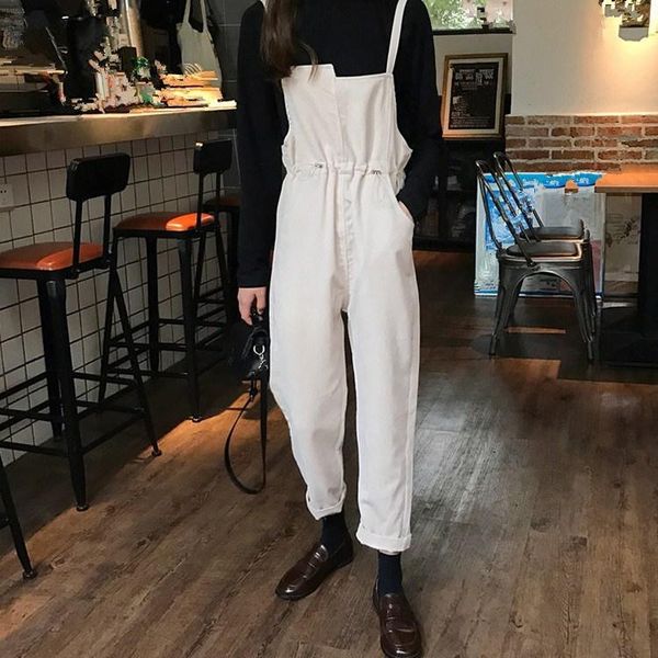

women's jumpsuits & rompers autumn women corduroy vintage sleeveless overalls casual drawstring loose paysuits, Black;white