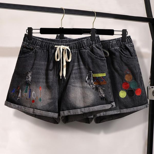 

plus size pants mayata 2xl to 6xl summer denim shorts women waist 97-147cm hip155cm ripped embroidered black color