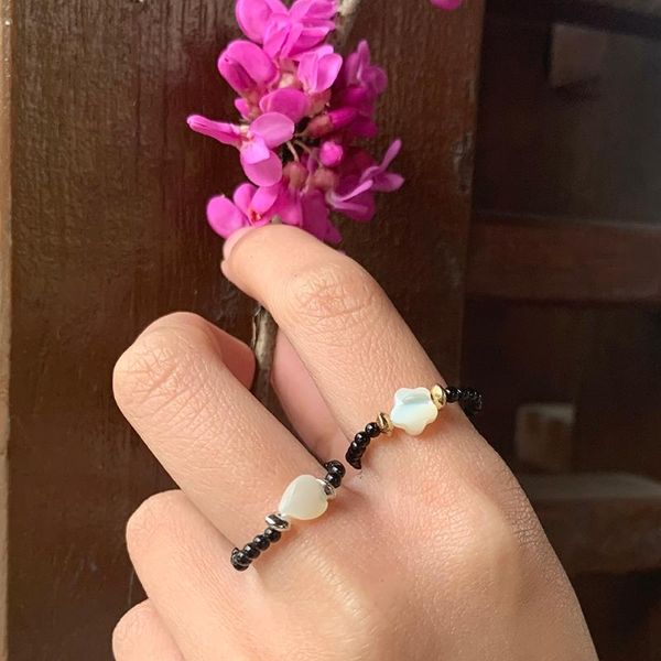 

momiji obsidian beads rings for women shell material natural stone jewelry elastic adjustable ring handmade gift wholesale wedding, Slivery;golden