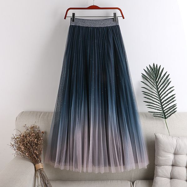 

casual dresses layered tulle gradient metallic maxi long skirts elastic waist shine pleated a-line tutu mesh ankle w8fw, Black;gray
