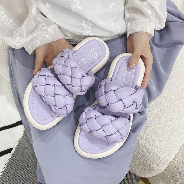 

slippers summer 2021 women's flip flops women slipper brand weave ladies shoes open toe flat casual solid color slides beach, Black
